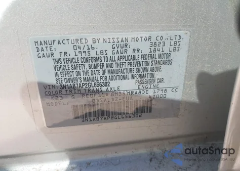 2016 Nissan Sentra Fe+ S/S/Sl/Sr/Sv z USA, uszkodzony, nr VIN 3N1AB7AP2GL656302